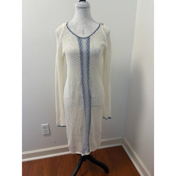Tommy Bahama Other - Tommy Bahama Womens S Crochet Knit Hooded Cover Up‎ Dress Cream Blue Beach Boho